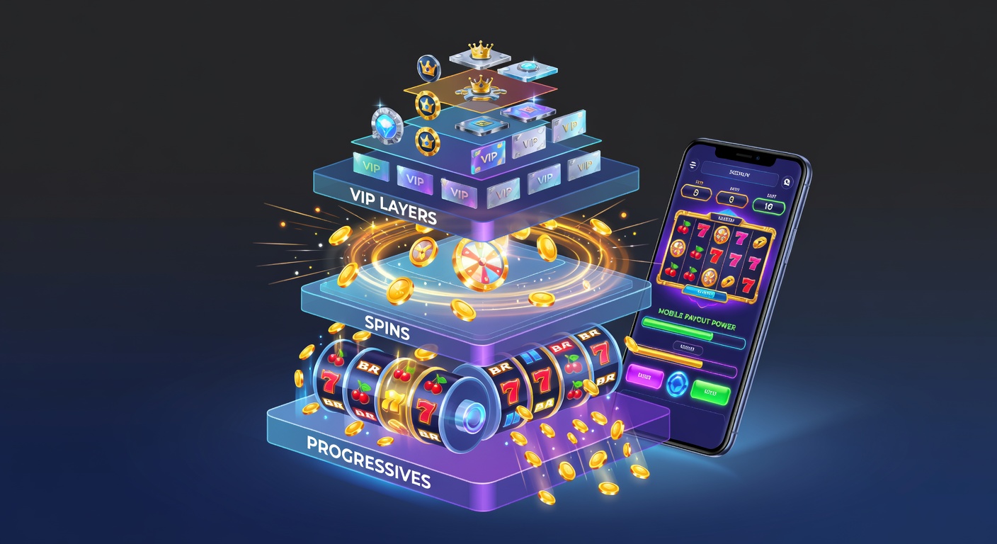 Smartphone displaying a layered slot interface with cascading reels, spinning free games, VIP loyalty tiers, and a swelling progressive jackpot