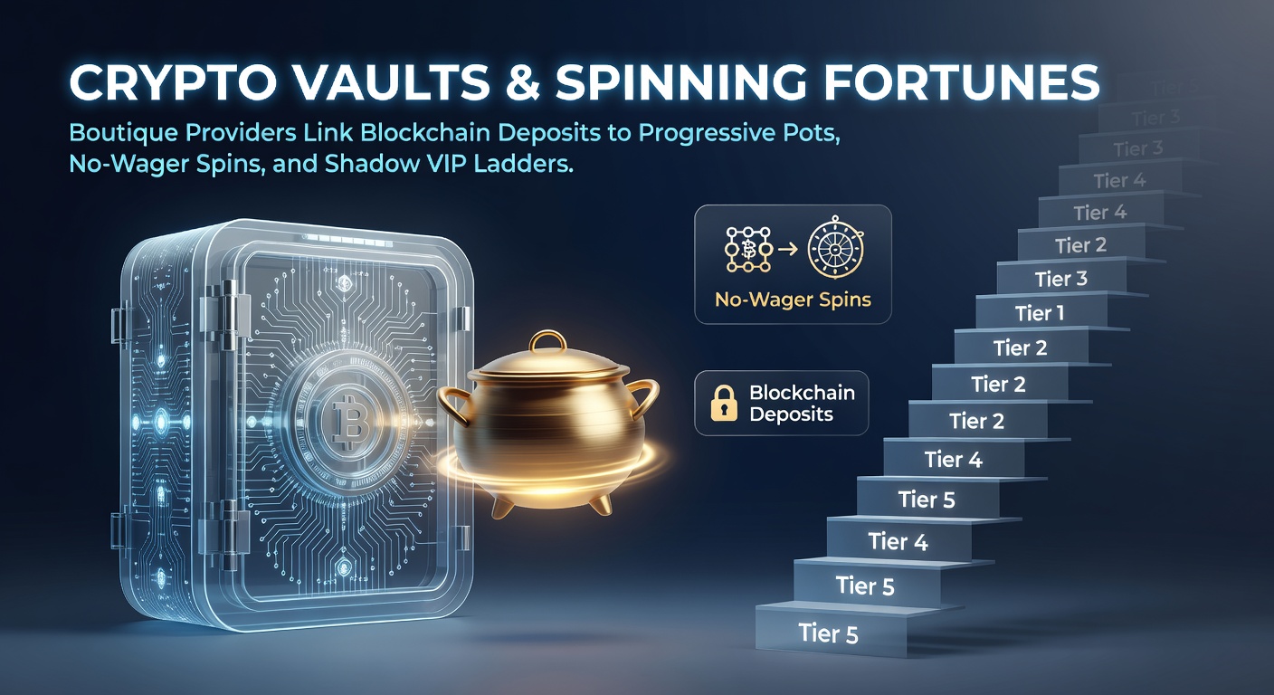Digital vault glowing with blockchain links feeding into colorful slot reels and rising jackpot meters