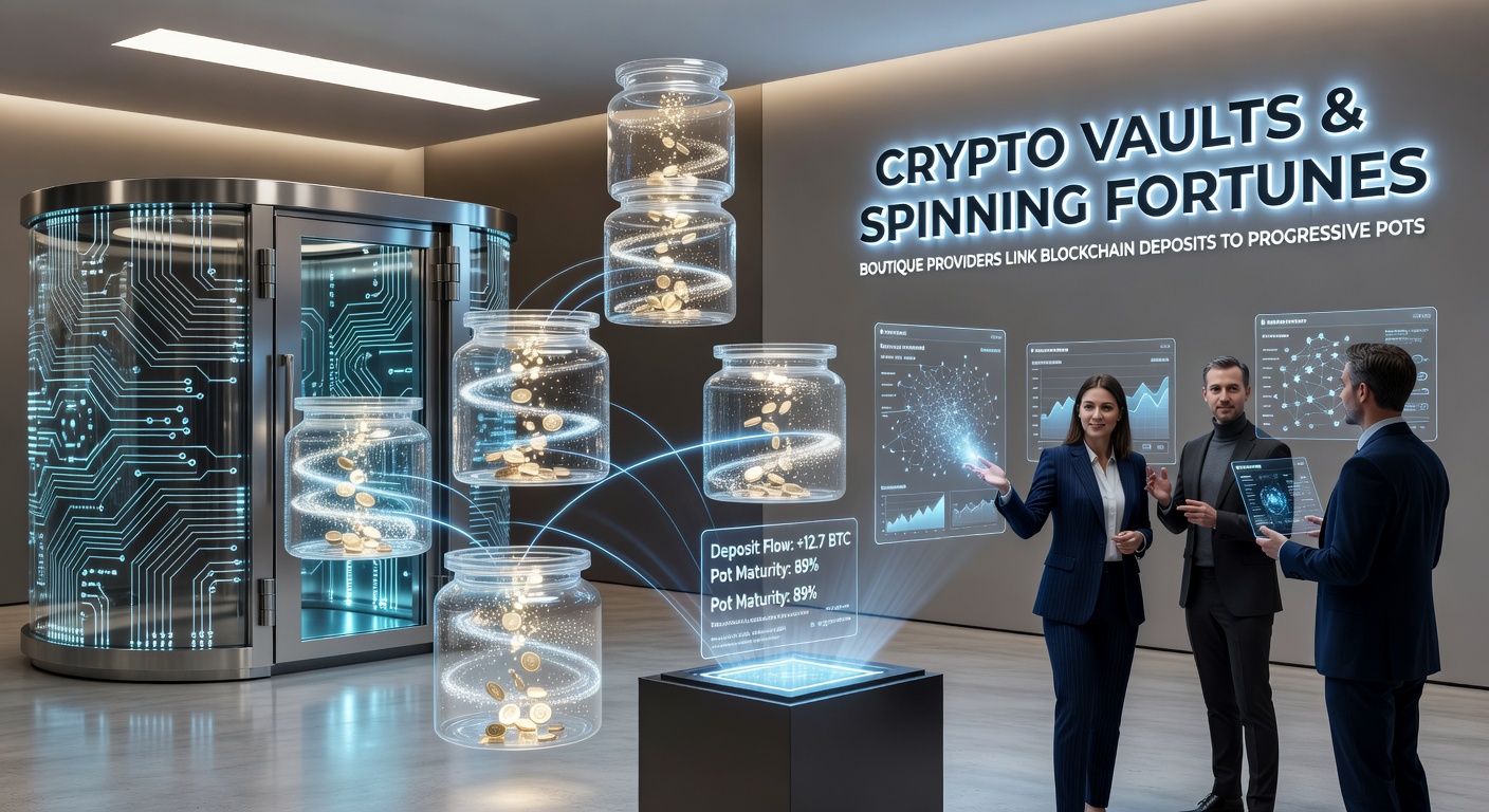 Animated slot screen showing crypto deposit button exploding into free spins, jackpot climb, and hidden VIP badge reveal