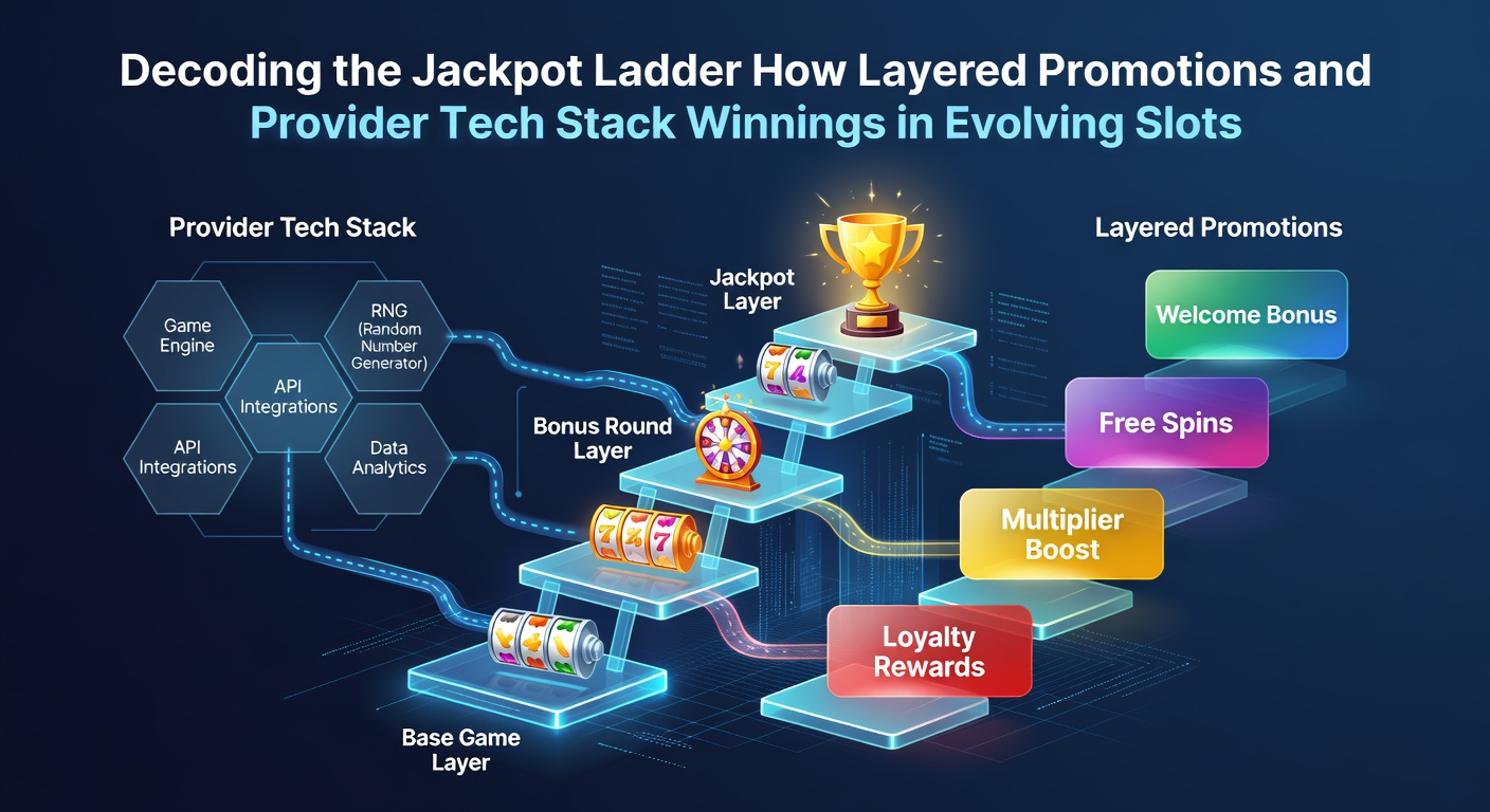 Close-up of a slot machine screen displaying a multi-tier jackpot ladder with glowing tiers, coins cascading, and promotional icons highlighting tech integrations