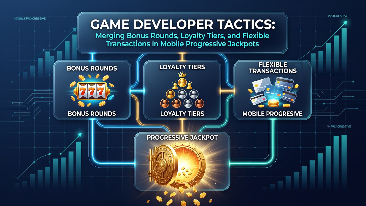 Mobile progressive jackpot interface showing merged bonus rounds and loyalty tier indicators on a smartphone screen