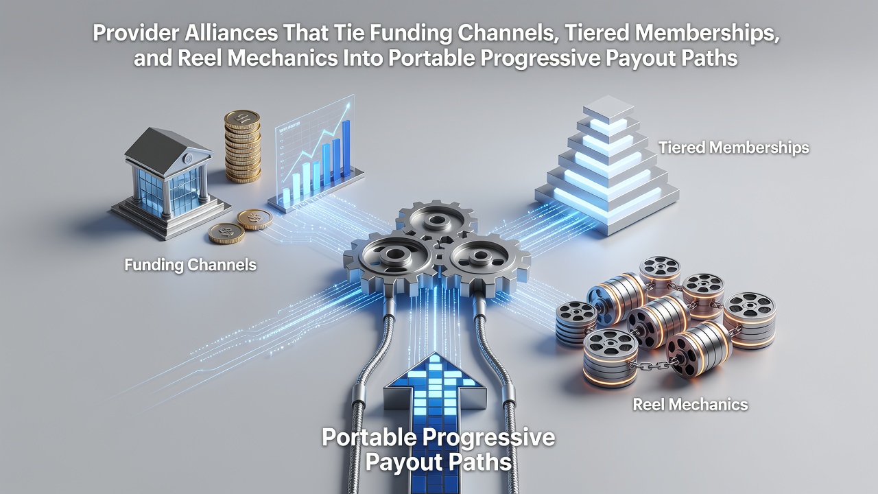 Illustration of interconnected provider alliances linking payment systems, membership tiers, and progressive slot mechanics across platforms