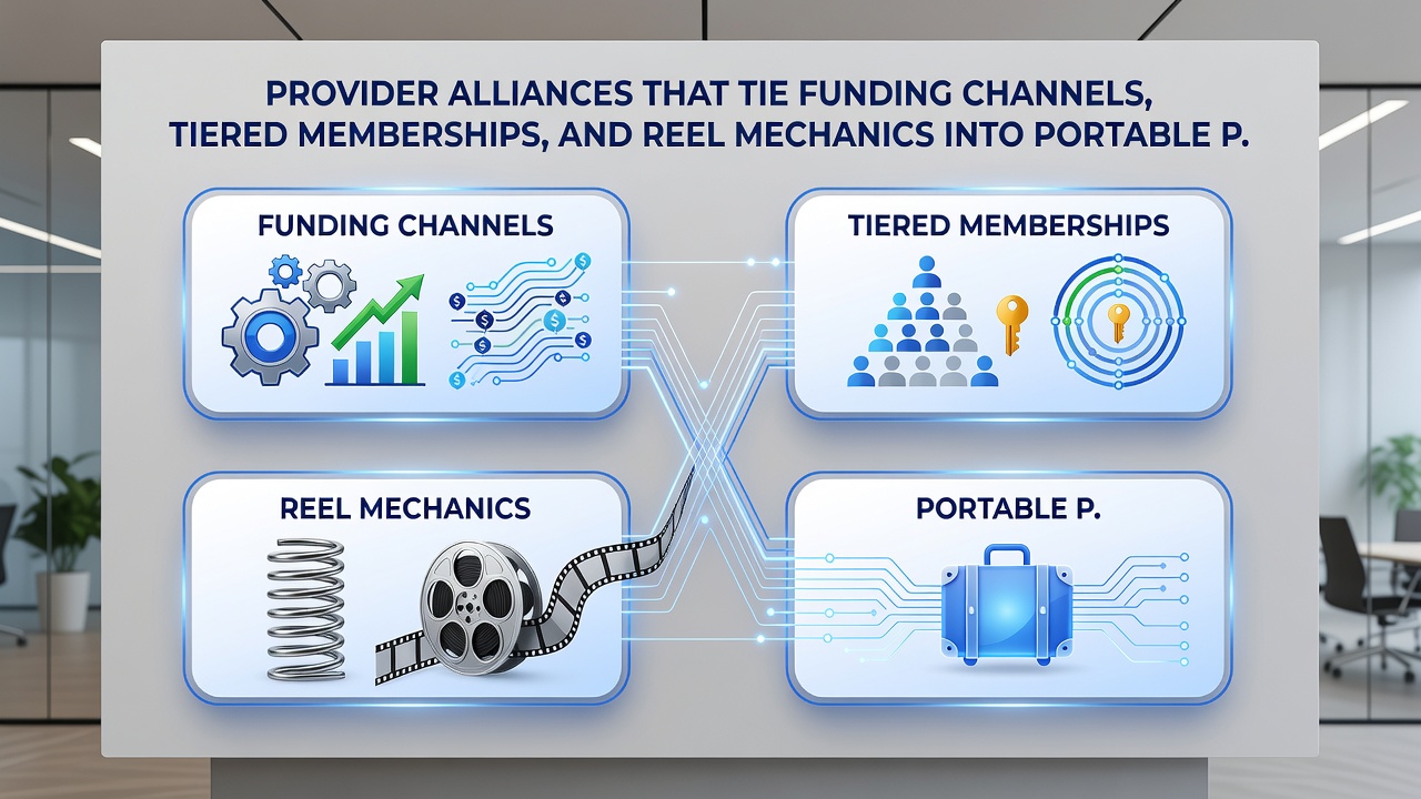 Diagram showing tiered membership levels connected to reel mechanics and portable progressive payout pathways in slot networks