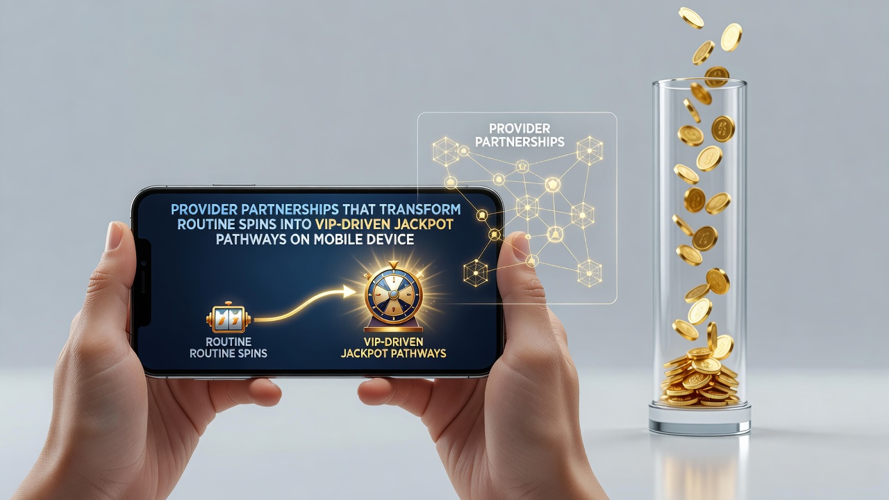 Illustration of connected mobile devices displaying layered bonus and VIP jackpot features