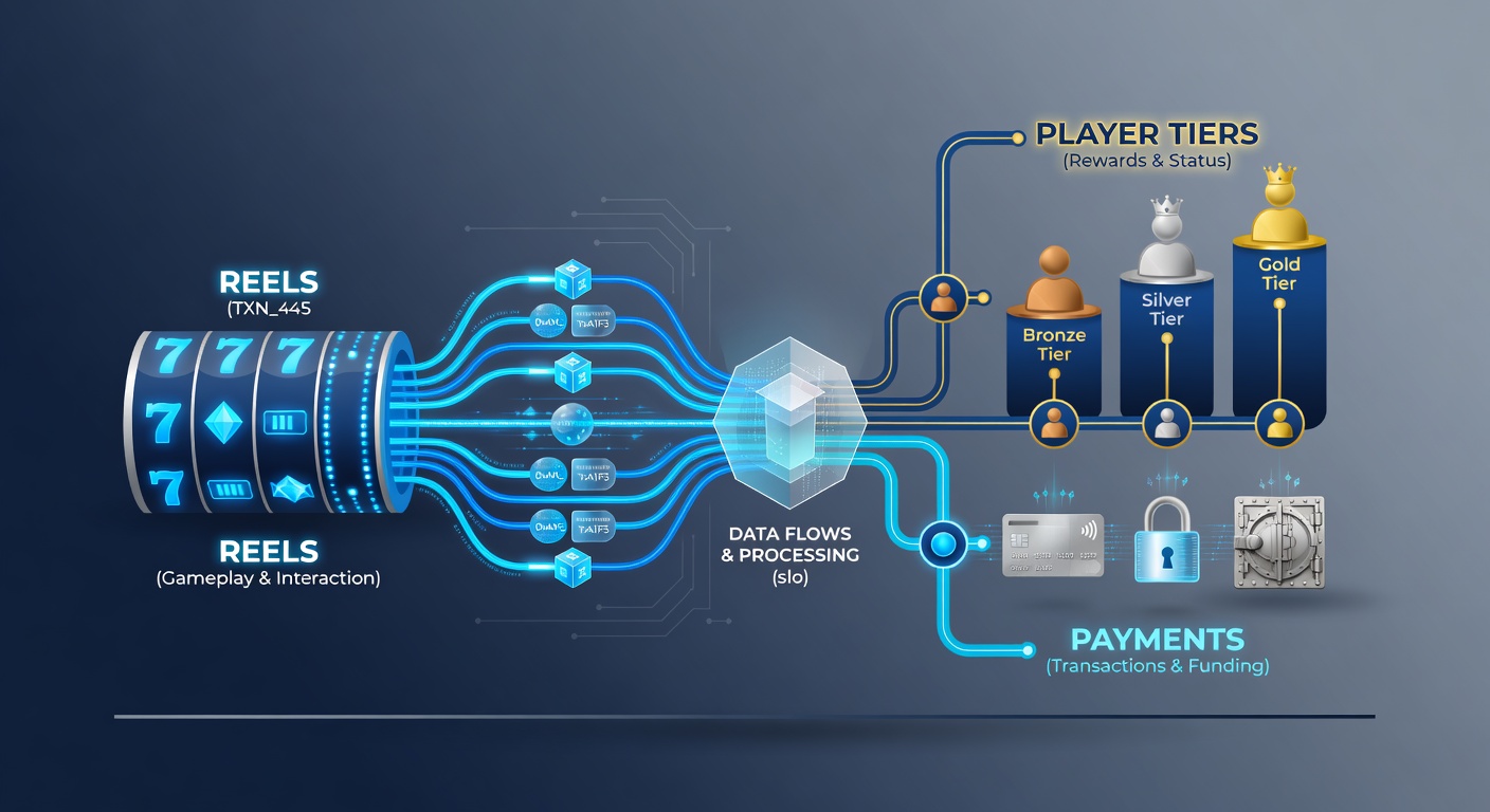 Schematic representation of backend data exchanges between transaction processors and loyalty tier databases in slot gaming networks