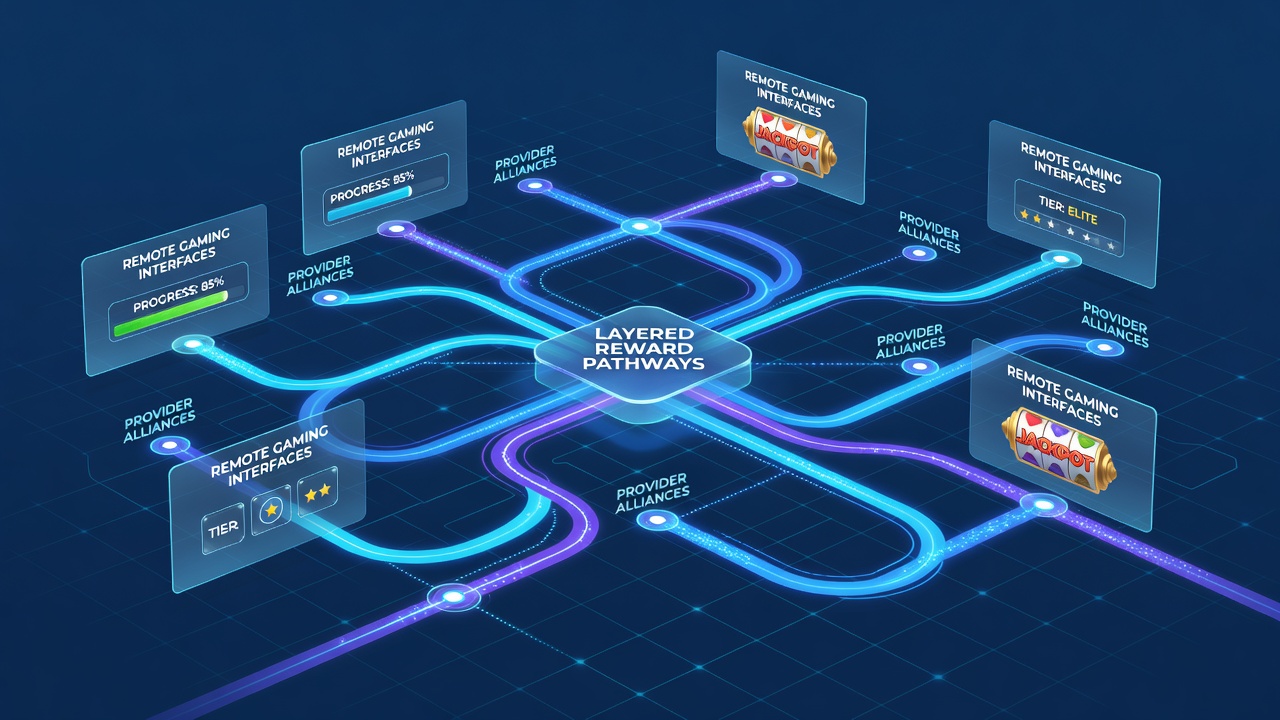 Network diagram showing interconnected gaming providers and layered reward pathways in remote interfaces