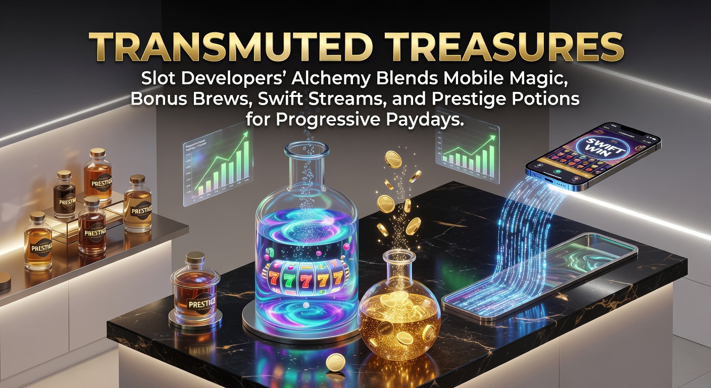 Vibrant slot reels transforming base symbols into glowing jackpot treasures amid alchemical sparks and mobile screens
