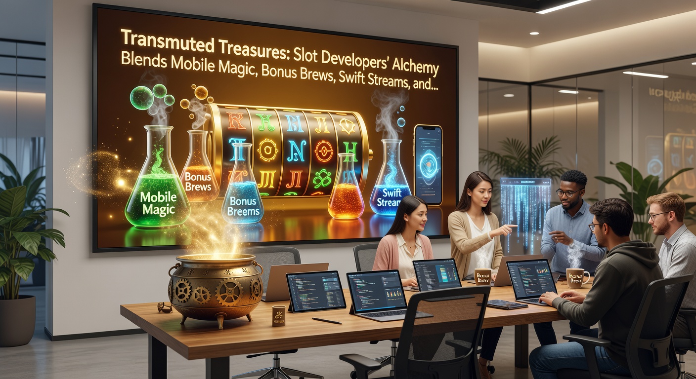 Developers' workbench showing code streams, bonus icons, swift payment symbols, and VIP badges swirling into a progressive jackpot cauldron
